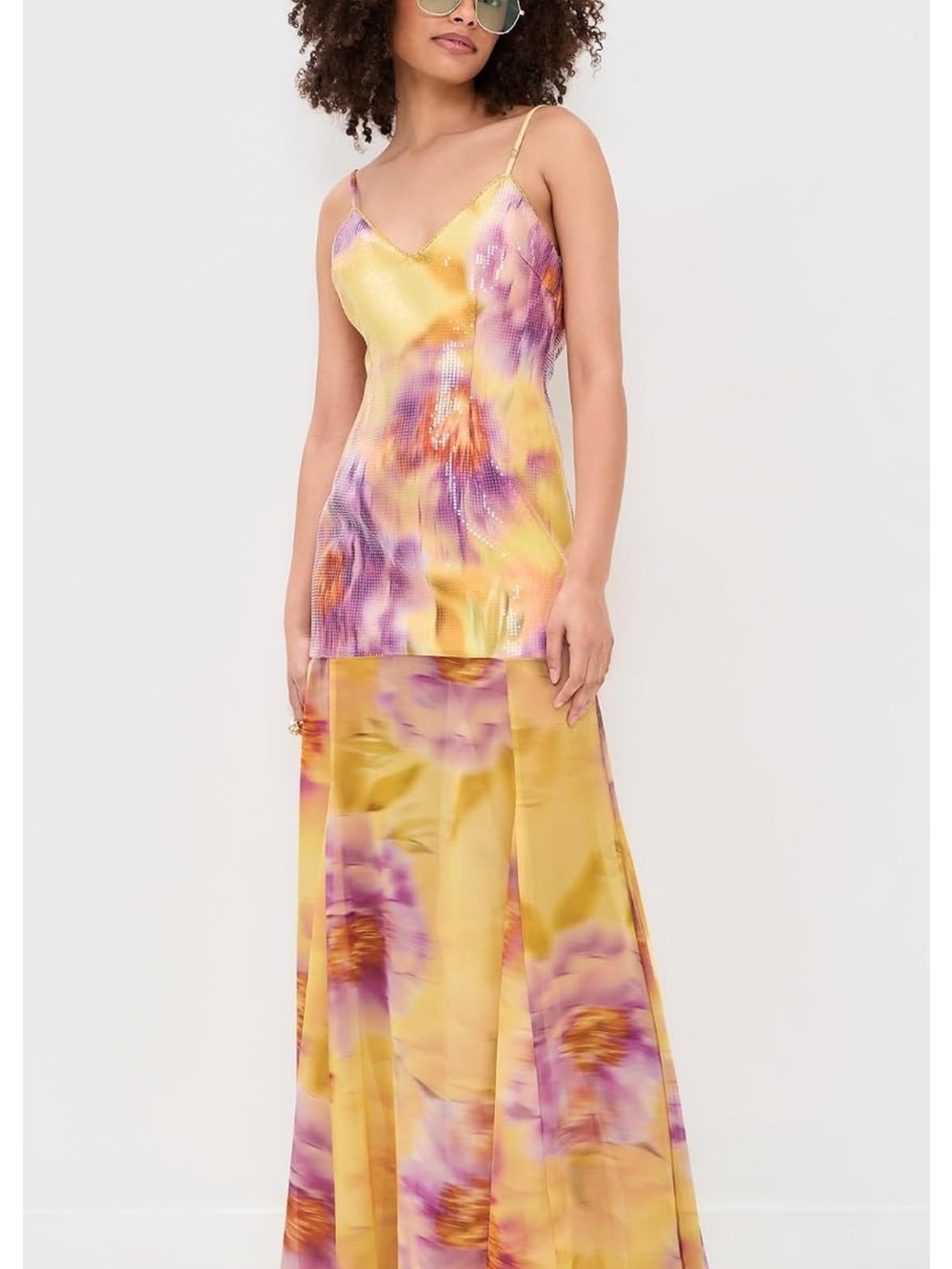 Floral Yellow & Purple Satin Slip Maxi Dress with V-Neck